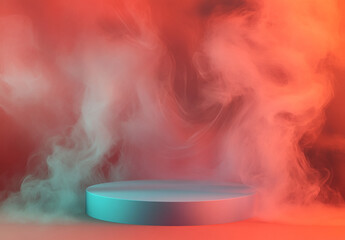 Poster - A podium with a gradient background in light red and orange, with smoke swirling around it