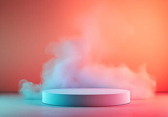 Poster - A podium with a gradient background in light red and orange, with smoke swirling around it