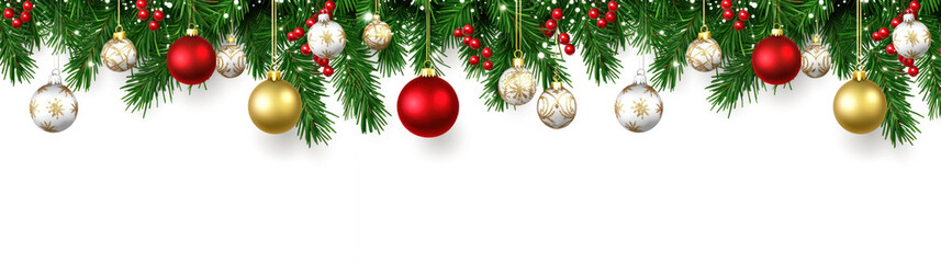 Wall Mural - christmas festive holiday decoration with a border of pine branches, red berries, and various christ