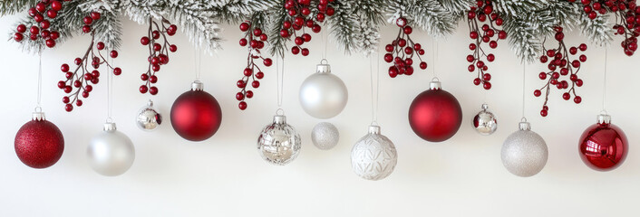 Wall Mural - christmas festive holiday decoration with a border of pine branches, red berries, and various christ