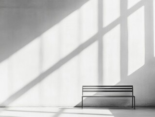 Aufkleber - Monochrome Minimalism Sunlit Bench and Shadows in Peaceful Empty Space