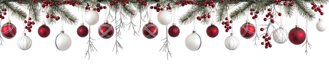 Wall Mural - christmas festive holiday decoration with a border of pine branches, red berries, and various christ