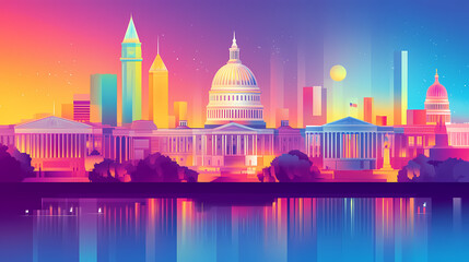 Poster - Washington city buildings with simple shapes, bright colors, gradient colors, light colors, bright tones, flat style. Basilica. Illustration