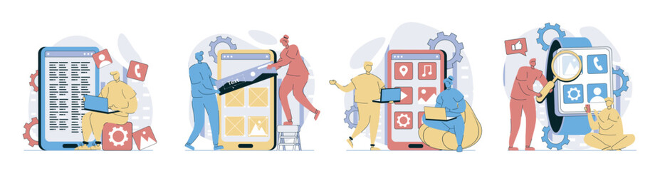Aufkleber - App development concept set in flat design for web. Collection with people programming and coding mobile layouts, placing app buttons and elements, make templates optimization. Vector illustrations.