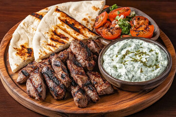 Grilled lamb with pita, yogurt sauce, and grilled tomatoes on wooden plate