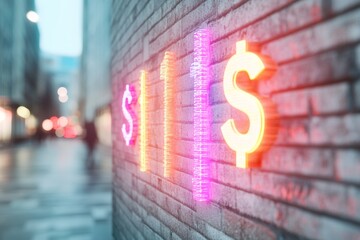 Poster - Illuminated Currency Symbols on City Street Wall at Dusk