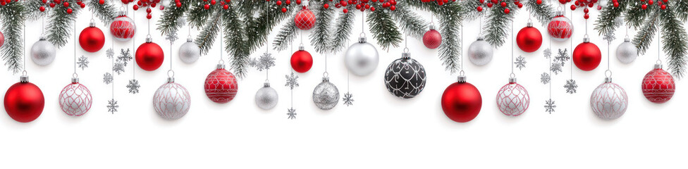 Wall Mural - christmas festive holiday decoration with a border of pine branches, red berries, and various christ