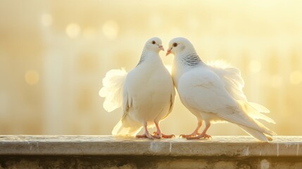 Poster - Elegant White Doves Displaying Affection in Soft Golden Light