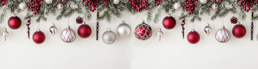 Wall Mural - christmas festive holiday decoration with a border of pine branches, red berries, and various christ