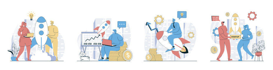 Poster - Business startup concept set in flat design for web. Collection with people brainstorming and planning process, launching new project rocket, entrepreneur collaboration work. Vector illustrations.