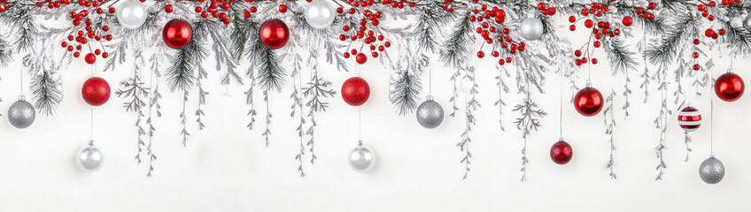 Wall Mural - christmas festive holiday decoration with a border of pine branches, red berries, and various christ