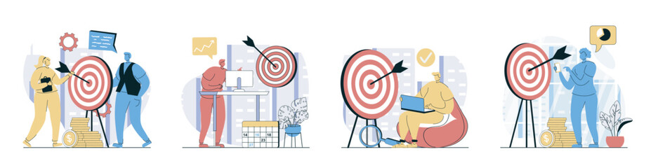 Aufkleber - Business target concept set in flat design for web. Collection with people planning strategy and company mission, hitting bullseye at dartboard, achieving goals and challenges. Vector illustrations.