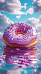 Poster - A delightful pink doughnut adorned with rich purple icing and colorful sprinkles gently floats on sparkling water, surrounded by fluffy clouds against a bright blue sky