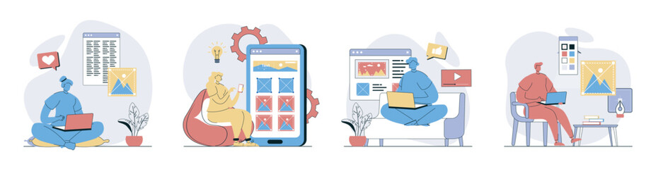 Leinwandbilder - Content manager concept set in flat design for web. Collection with people creating photos and images for webpage filling, planning online posts, making digital content and text. Vector illustrations.