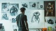 © mirifadapt - game designer brainstorming ideas on a whiteboard, with concept art and character designs covering the walls of a modern studio