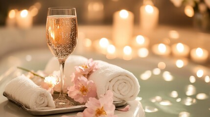 Aufkleber - A luxurious bathroom boasts a tranquil atmosphere with a sparkling glass of champagne, soft towels, and delicate flowers. Candles flicker softly, enhancing the multisensory aromatherapy experience.
