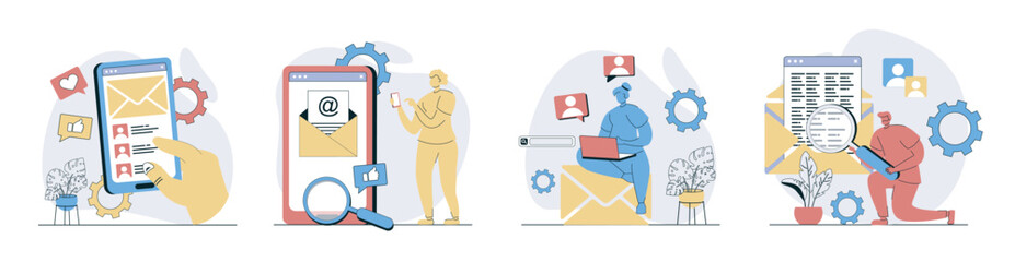 Aufkleber - Email service concept set in flat design for web. Collection with people sending emails at phone app or laptop, receiving subscription notifications and online messages inbox. Vector illustrations.