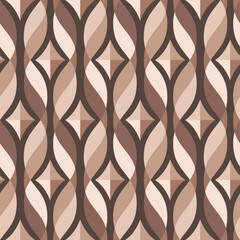 Wall Mural - Retro Geometric Pattern with Brown and Beige Tones, Interlocking Shapes in Curved Line Design, curved lines and diamond forms, Seamless repeating vector pattern, brown colors