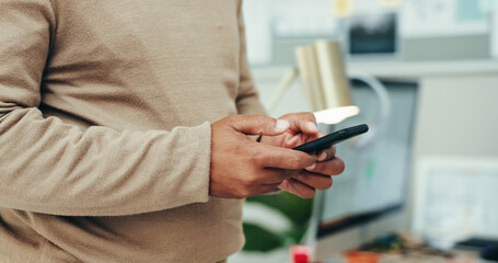 Poster - Business, hands and typing with phone in office for text message, email response or online networking. Employee, person and smartphone on work break with social media scroll or checking notifications
