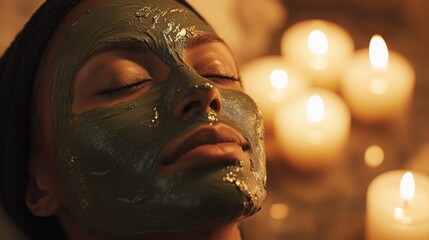 Poster - A woman enjoys a serene moment in her home spa, applying a green facial mask. Soft candlelight surrounds her, enhancing the multisensory experience of relaxation and beauty at night.