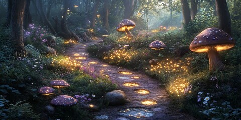 Poster - A mystical forest path illuminated by glowing mushrooms and flowers.