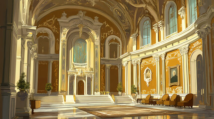 Grandiose mansion foyer featuring elegant seating and artistic architectural details. Basilica. Illustration