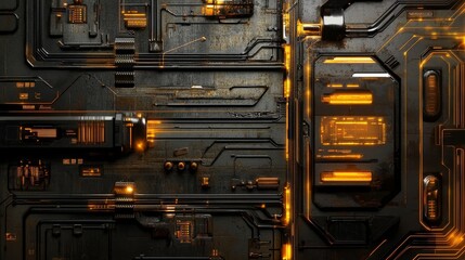Poster - A futuristic circuit board design with glowing orange elements on a dark background.