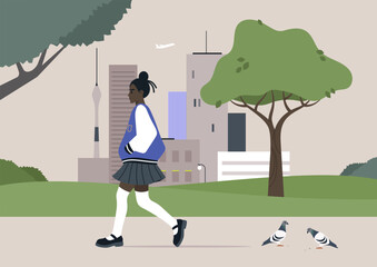 A school girl in a stylish pleated skirt and bomber jacket walks confidently along a tree-lined walkway, with skyscrapers and lively pigeons creating an urban backdrop, embodying youth and freedom