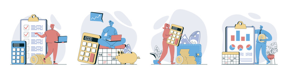 Aufkleber - Planning financial budget concept set in flat design for web. Collection with people analyzing personal money and accounts, calculating finance, creating strategy with calendar. Vector illustrations.