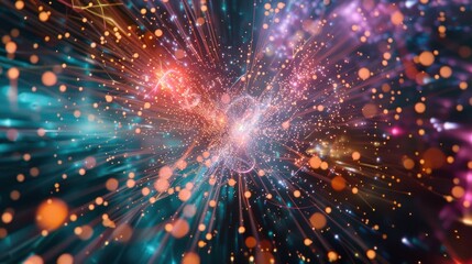 Poster - Big data flows through cyberspace, creating streaks of light and a bokeh effect, symbolizing the massive amount of information traveling at high speed in the digital world