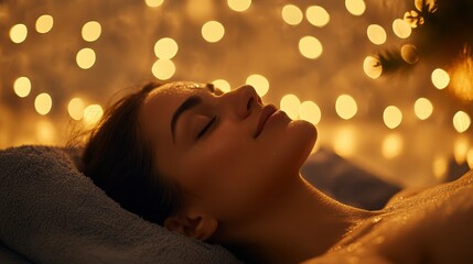 Aufkleber - A woman enjoys a serene moment at her home spa, surrounded by soft ambient lights. She relaxes on a towel, savoring a multisensory experience that promotes beauty and well-being.