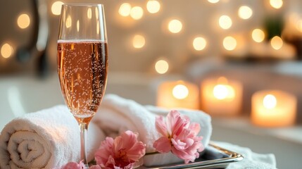Poster - Relaxation unfolds with a sparkling beverage beside fresh flowers and fluffy towels in a soothing atmosphere. Soft candlelight creates an immersive environment perfect for rejuvenation and self-care.