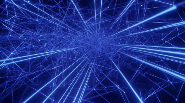 Bright blue light beams create an intricate network in a digital space at night