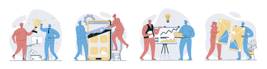 Fototapete - Teamwork concept set in flat design for web. Collection with people working together, celebrating career winning award, developing project, doing tasks in team, brainstorming. Vector illustrations.