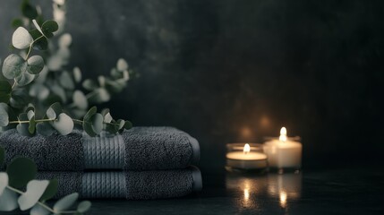 Poster - Soft gray towels are neatly stacked beside flickering candles, creating a tranquil atmosphere. Fresh eucalyptus leaves enhance the eco-friendly theme, promoting a calming beauty ritual.