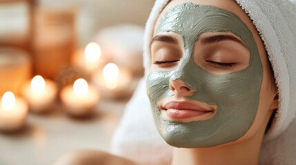 Poster - A woman relaxes at home with a soothing green facial mask, surrounded by softly glowing candles. The atmosphere is peaceful and luxurious, perfect for a self-care beauty routine.