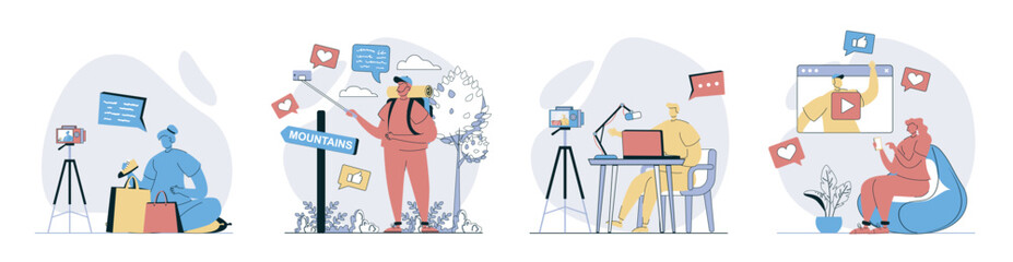 Aufkleber - Video blogging concept set in flat design for web. Collection with people recording new videos in personal blog, making live translation from travel, followers watching content. Vector illustrations.