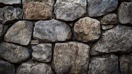 A close-up view of a rugged stone wall made up of various sized rocks.