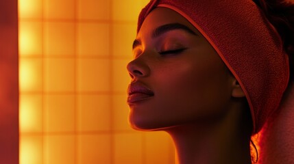 Aufkleber - Soft light envelops a person enjoying a tranquil moment at home, surrounded by calming colors and a serene atmosphere. The warm glow enhances a multisensory beauty routine.