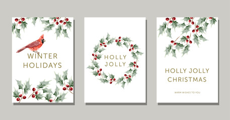 Wall Mural - christmas nature design greeting cards template, wreath, text, white background. green holly twigs w