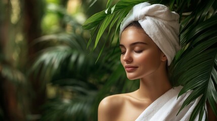Poster - Relaxation unfolds as a young woman enjoys a calming home spa experience in a lush, green setting. She is wrapped in a towel, embracing tranquility and wellness in this peaceful environment.