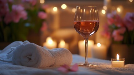 Poster - A serene space is adorned with soft lighting and floral decorations, featuring a glass of rose wine beside a plush white towel and a lit candle, creating an immersive relaxation atmosphere.