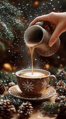 Wall Mural - A person pours coffee into a mug, with Christmas decorations in the background.