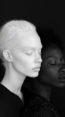 Poster - Two women stand in close profile, showcasing contrasting skin tones and textures. The interplay of light and shadow highlights their unique features in a compelling monochrome setting