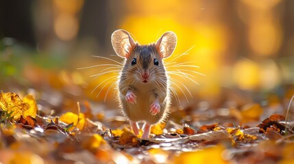 Poster - A tiny mouse dashes energetically across vibrant autumn leaves, illuminated by warm sunlight filtering through the trees in a tranquil forest setting