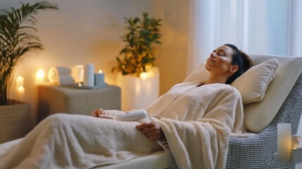 Poster - A woman enjoys a calming home spa experience, surrounded by soft lighting and soothing decor. She reclines comfortably, embracing relaxation and tranquility in a serene environment.