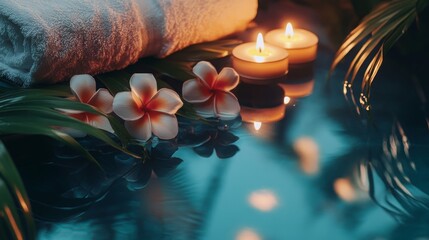 Aufkleber - A tranquil setting features candles flickering beside a calm body of water, surrounded by delicate tropical flowers and soft towels. Aromatherapy elements create an immersive and soothing atmosphere.