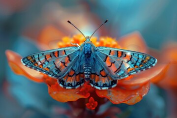 Poster - Close-up shot of a butterfly perched on a colorful flower, great for nature and wildlife themed designs