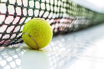 Poster - A tennis ball sitting on top of a tennis net, ideal for use in sports illustrations and designs
