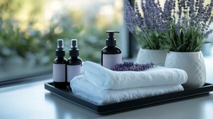 Poster - A serene setting showcases eco-friendly beauty products including essential oils and towels neatly placed on a tray. Lavender plants add a calming touch, emphasizing sustainability and comfort.